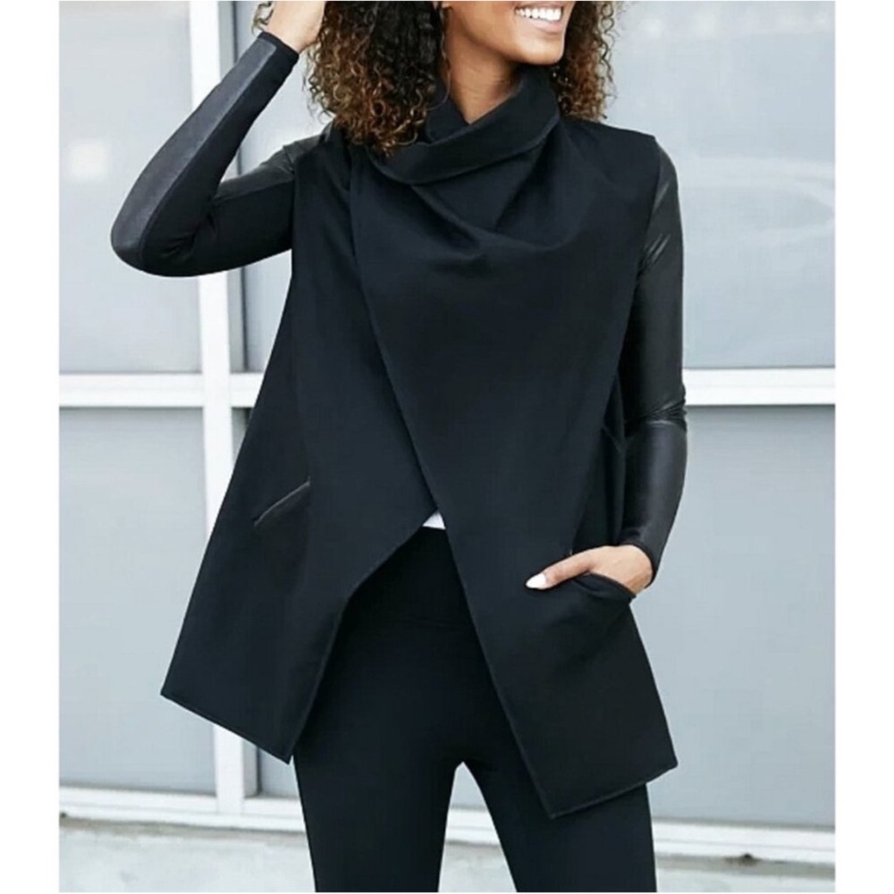 SPANX Drape Front Jacket L Black Ponte Career Minimalist Travel Edgy Streetwear